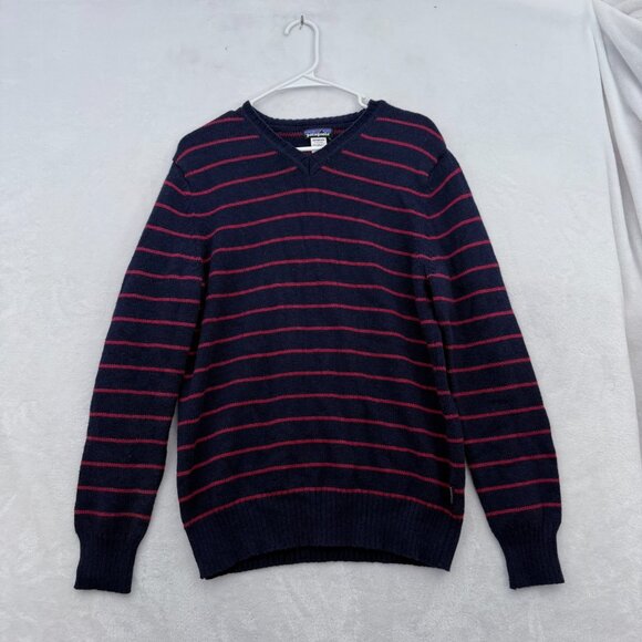 Patagonia Sweater Mens M Blue Stripe Lambswool Blend V Neck Pullover Stretch - Picture 1 of 9